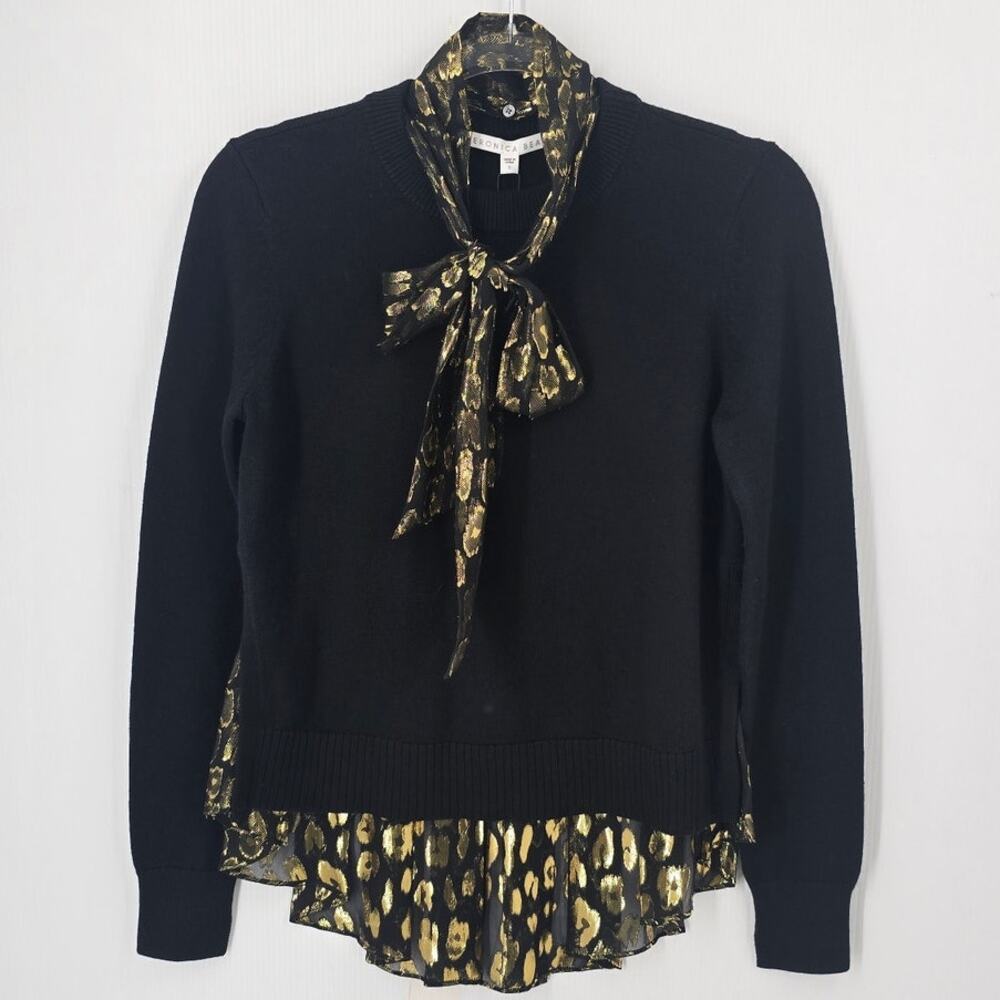 Veronica Beard Concord Black Merino Wool Silk Gold Tie Sweater NWT Size S